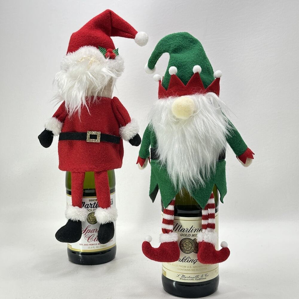 Holiday Wine Bottle Gift Toppers Handmade Felt Santa Claus And Elf Set Of 2